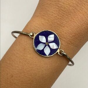 Vintage Alpaca Mexico Blue Mother of Pearl Floral Flower Bangle Cuff Bracelet